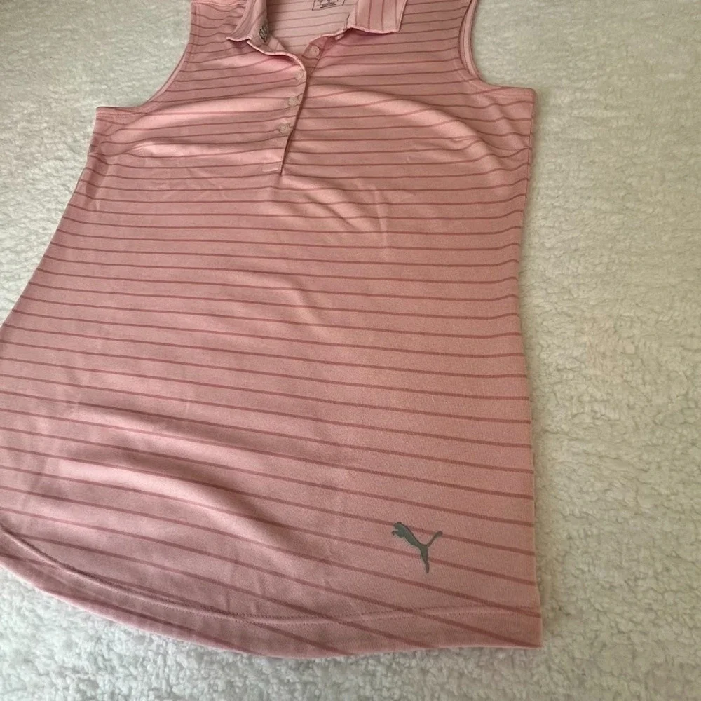 Puma Sleeveless Golf Polo Womens L Pink Striped Athletic Performance Top - Picture 3 of 7
